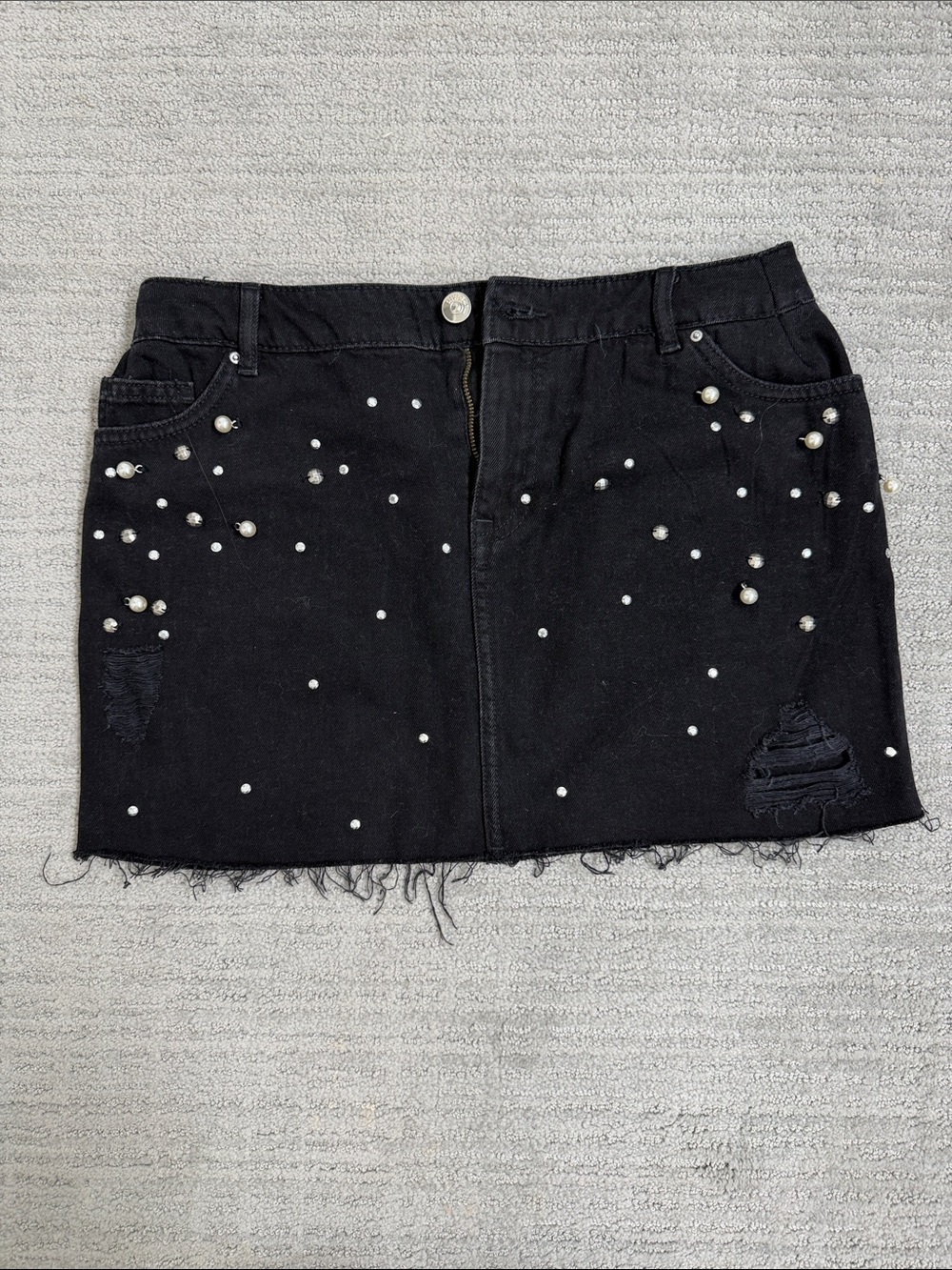 H&M Black Pearl-Embellished Denim Mini Skirt
